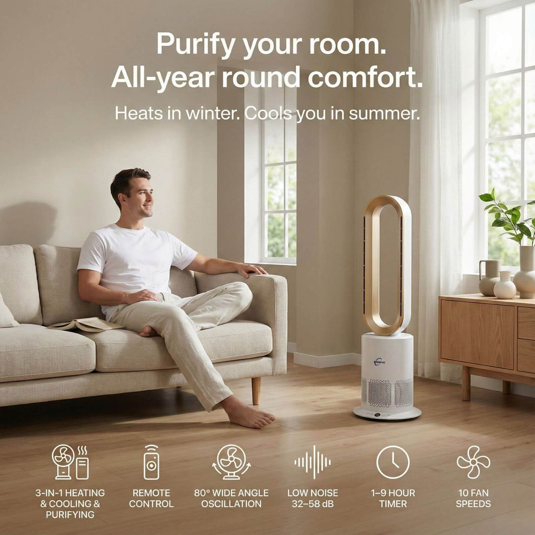 Bladeless Air Purifier Fan Heater 3 in 1 1950W | HEPA | PureFlow | Gold ...
