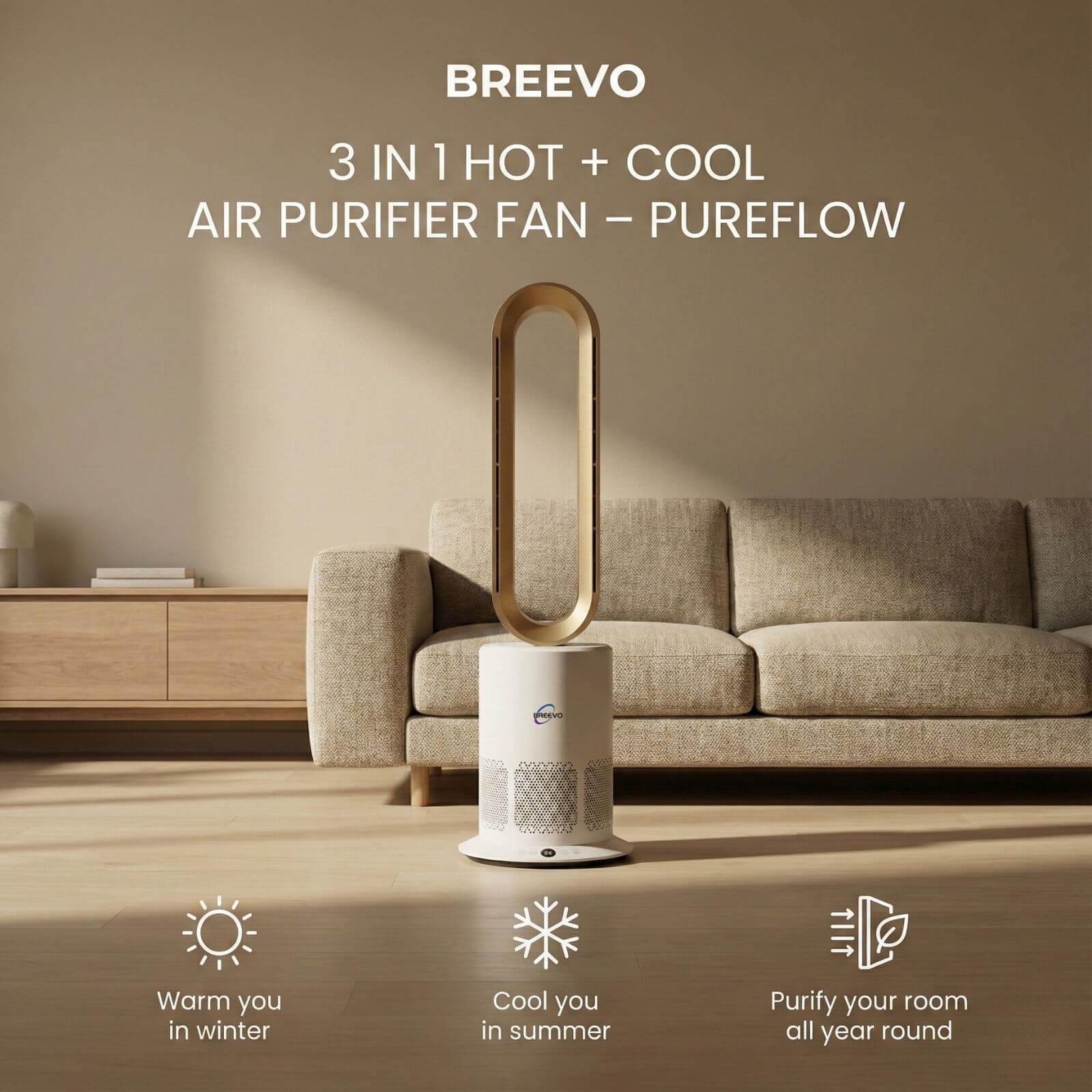 Bladeless Air Purifier Fan Heater 3 in 1 1950W | HEPA | PureFlow | Gold ...